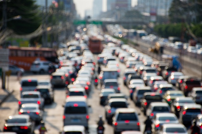 Blurred picture of traffic jam on rush hour in evening time.